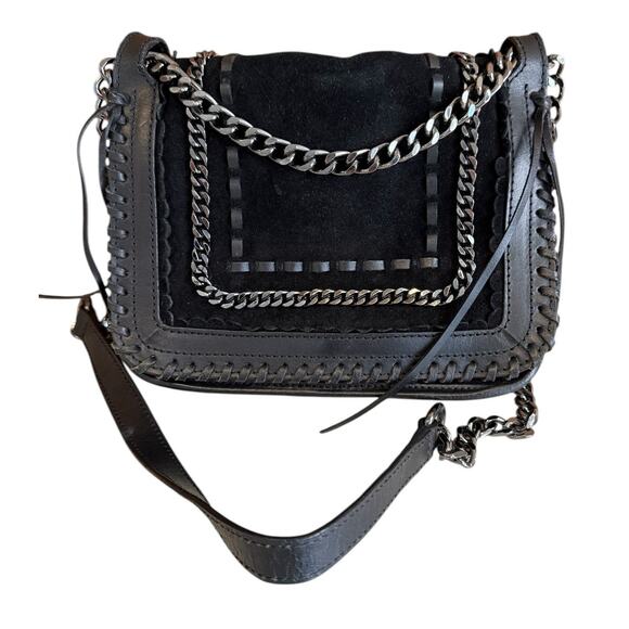 ZARA Suede & Leather Whipstitch and Chain Detail Crossbody Bag Black - Picture 1 of 8